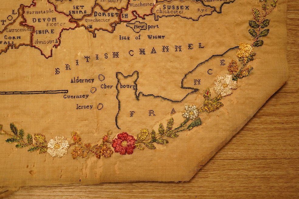 An 18th century embroidered map of England, unframed (distressed), 59cm high